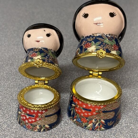 Vintage Trinket Box Asian Girls Japanese Doll Porcelain Hinged Kimono Design - Picture 6 of 9